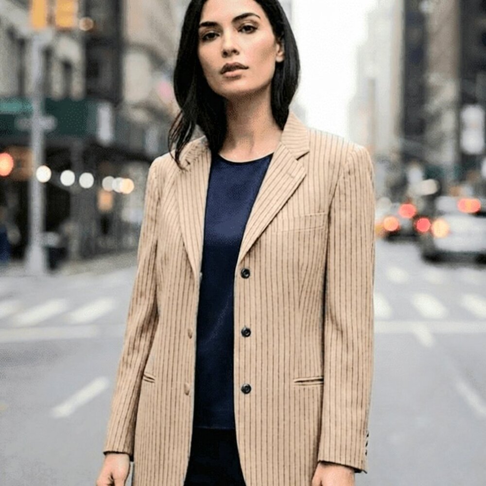 Giorgio Armani Vestimenta  Wool Silk Blend Tan Blazer with Navy Pinstripes